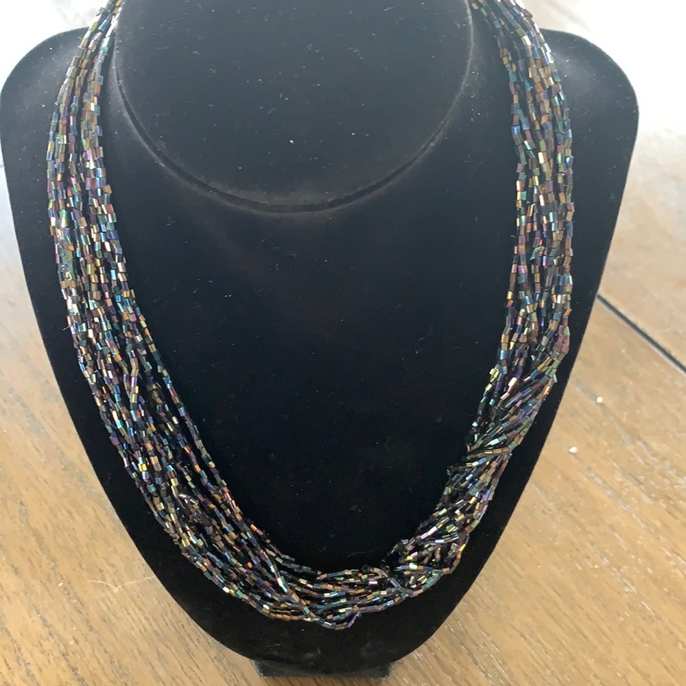Multi-Strand Seed Bead Black Iridescent Necklace